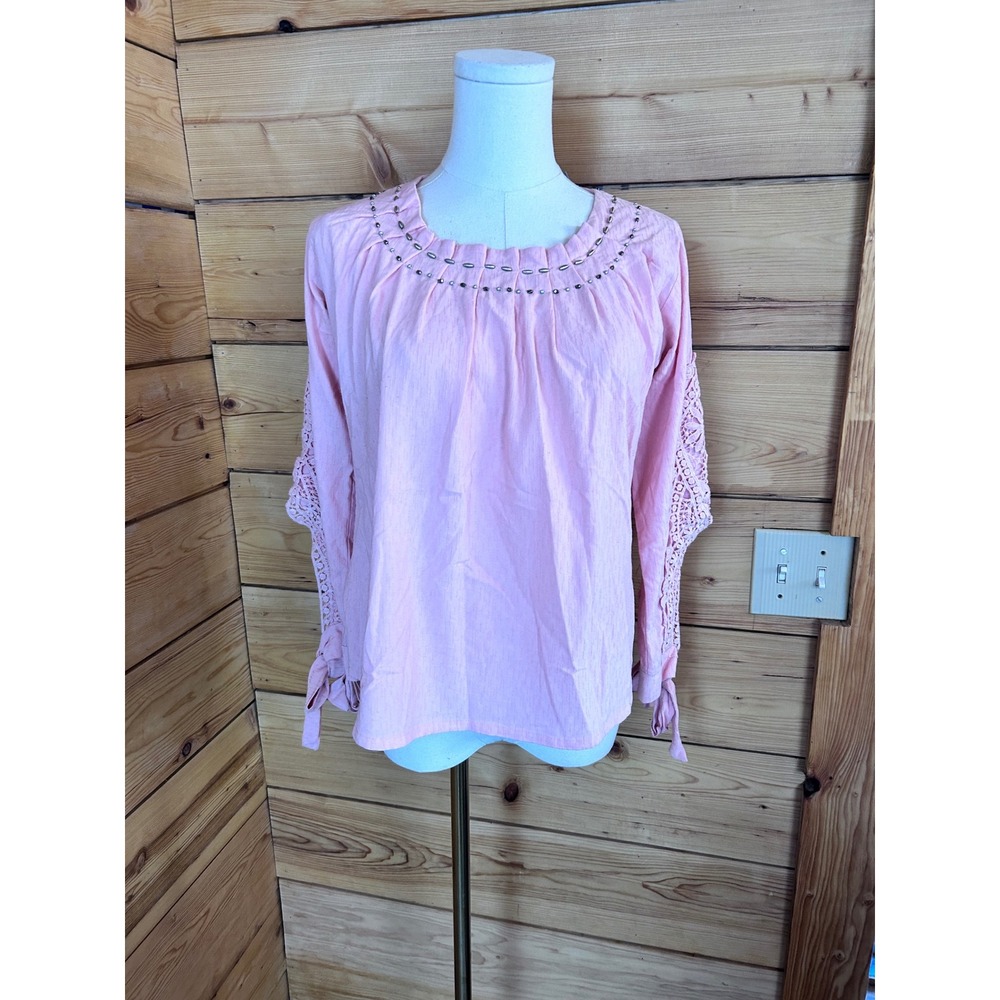 Love Moschino Beaded Blouse Womens Medium Pink Crochet Lace Sleeve Peasant Top
